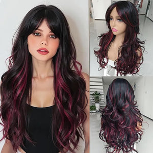 Red Highlight Wig Long Black Mixd Burgundy Highlights Layered Wavy Wig with Curtain Bangs for White Black Women Long Ombre Red Wavy Wigs Synthetic Natural Body Wave Butterfly Hair for Women 24INCH