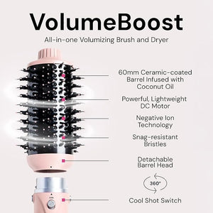 L'ANGE HAIR VolumeBoost 60mm 2-in-1 Ceramic Volumizing Brush Dryer | Fast Drying &amp Styling for Frizz-Free Voluminous Blowouts | Ceramic-Coated Barrel (Blush)