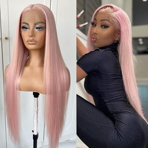 Synthetic Lace Front Wigs 13x4 Pink Long Straight Hair Wig for Women Half Hand Tied Natural Hair Line Heat Resistant Fiber Hair Daily Wear 24 inches