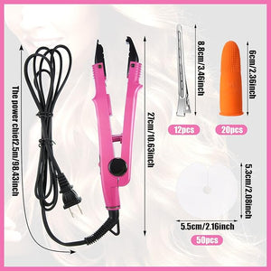 Hair Extensions Iron Fusion Keratin Hair Extensions Heat Tool Heat Connector Wand with Fusion Glue Protector Template Hair Clip Finger Protector 2 Bag Keratin Glue Granule Bead(Pink)