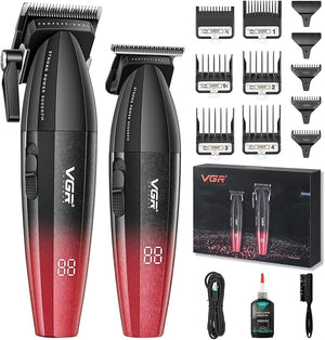 VGR 640 Professional Hair Clippers for Men 9000RPM Cordless Barber Clippers and Trimmers Set Zero Gap T-Blade Hair Cutting Kit DLC Coated Ceramic Blade Barber Kit with LED Display(Red)