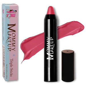 Mommy Makeup Triple Sticks Lipstick, Cream Blush &amp; Treatment All-In-One with Shea &amp; Cocoa Butter - Soft &amp; Creamy Moisturizing Lip Crayon For Lips &amp; Cheeks (Mon Cherie)