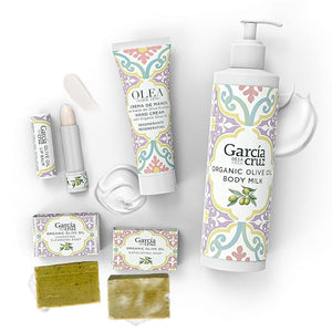 Olive Oil Body Essentials Kit by Garcia de la Cruz Extra Virgin Olive Oil Infused Skin Care Gift Set includes Body Milk Lip Balm Hand Cream and 2 Soaps