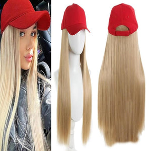 Sun Hat Wig for Women Baseball Cap with Hair Extensions Attached 22 Long Wavy Straight Hairpieces Synthetic Wig