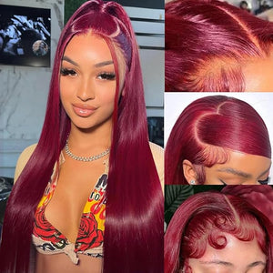 ?13x6 Straight Burgundy HD Lace Front Wigs Human Hair Red Lace Frontal Wigs Human Hair Pre Plucked Straight Glueless Wigs Human Hair Pre Plucked 200 Density 26 Inch