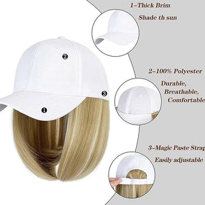 Woman Baseball Cap with Hair Extensions Straight Short Bob Hairstyle Adjustable Wig Hat 14inch Duck Tongue Hat Wig