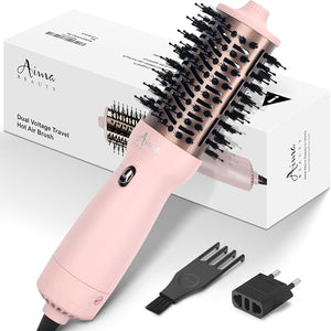 Aima Beauty Worldwide Travel Hair Dryer Brush 110V-240V Dual Voltage Blow Dryer Brush Hot Air Brush with Oval Barrel 360¡Æ Hot Airflow Negative Ionic Frizz-Free Drying/Straightening/Voluming Pink