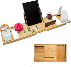 Luxury Foldable Bamboo Bathtub Tray - Wine Glass and Tablet Holder Spa Bath Caddy for Relaxation Gifts for Her Him Couples Adjustable and Waterproof Perfect for Birthdays Weddings Housewarming