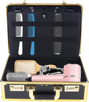 Portable Barber Carrying Case, Barber Box Styling Tools Accessories, Travel Storage Case Box Large Barber Beauty Salon Tool Kits Storage Combination lock(Gold,Black) (Gold)