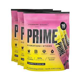 PRIME HYDRATION+ Sticks STRAWBERRY BANANA Hydration Powder Single Serve Sticks Electrolyte Powder On The Go Low Sugar Caffeine-Free Vegan 48 Count