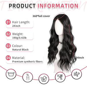 Hair Topper 24 Inch Long Wavy Toppers Hair Pieces for Women Thinning Hairs Lace Hand-Tied Hairline Synthetic Heat Resistant Clip in Hairpieces 6"x6"Large Base for Daily Use Balck 3D 360¡Æ