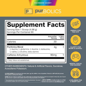 Purbolics Aminos + Energy | Supports Recovery, Energy &amp; Focus | 95mg of Caffeine, 0 Sugar &amp; 60 Servings (Rainbow Candy)