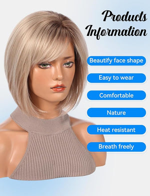 HAIRCUBE Bob Wigs for Women Short Synthetic Wig with Bangs Heat Resistant Natural Wig Light Blonde