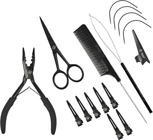 Hooper Hair Extension Tools Kit: 3-Hole Plier, Comb, C-Shape Needles, Loop Tool, Scissors, Sectioning Ring, Clips, Silicone Micro Rings, Leather Zipper Case, Stainless Steel Tools (Black)