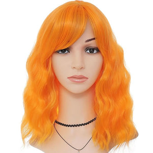 Orange Wig With Bangs for Women - Short Wavy Curly Bob 14 Inch Shoulder Length Colored Hair for Party Cosplay Halloween
