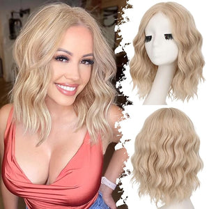 Honey Blonde Mix Platinum Blonde Short Wavy Wig for Women Lace Hairline Bob Style Synthetic Heat Resistant - Natural Appearance for Everyday Hairstyle 14 Inch