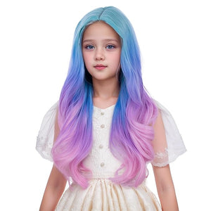 Rainbow Wig for Kids Girls Long Colorful Wavy Curly Wig Children Multi Color Middle Part Wigs Heat Resistant Synthetic Wigs with Cap