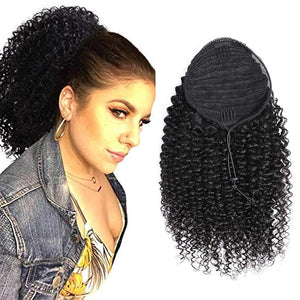 Curly Human Hair Ponytail with Wrap Drawstring 3C Brazilian Hair Ponytail Wigs Natural Color Afro Kinky Curly Hair Piece Clip-in Extensions (14")