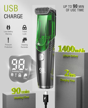 SHPAVVER Vacuum Beard Trimmer for Men: Mustache Trimmer for Less Mess -IPX7 Waterproof- Rechargeable Electric Beard Cutting Kit with Adjustable Length Comb-Built-in Vacuum for Sideburns/Stubble-Gift