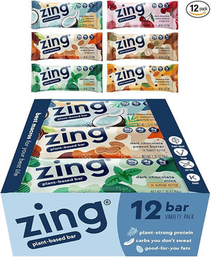 Zing Vegan Protein Bars Variety Pack - Top 6 Flavors Gluten Free Nutrition Bars High Protein &amp Fiber Soy Free Dairy Free Plant Based Protein Kosher Low Sugar No Sugar Alcohols - 12 count