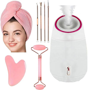 Facial Steamer,Complete Home Spa Set ? Jade Roller, Gua Sha, Blackhead Remover Tools, Microfiber Hair Towel, Deep Pore Cleansing, Hydrating