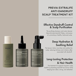 Previa Extralife Anti-Dandruff Scalp Treatment Kit Purifying Shampoo Scalp Cleanser and Leave-In Lotion 3.38 Floz each