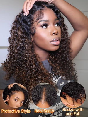 Julia Hair Highlight V Part Curly Wigs with Drawstring Balayage Brown Clip-In Half Wigs EasiContour Upgraded U Part Jerry Curly Glueless Human Hair Wig Beginner-Friendly Ready to Go 24 Inch