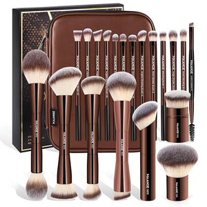 MAANGE 20 PCS Makeup Brush Set with Bag Double-ended Kabuki Brush Foundation Contour Brush for Liquid Powder Concealer Eye Shadows Cream Cosmetics Blending Blush Face Makeup Tools with Case (Coffee)
