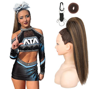 SEIKEA Cheer Ponytail Hair Piece 16 Straight Cheerleader Hairpiece Ponytail Extension for Cheerleader Competition Dance Brown with Blonde Highlights
