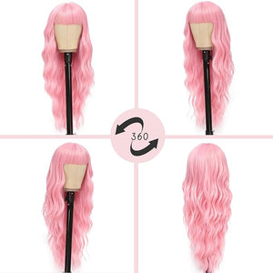 NAYOO Pink Wigs with Bangs - Long Curly Wavy Synthetic Fiber Wigs for Daily Party Use - Heat Resistant - 26 Inches (Pink)