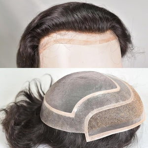 Men's Toupee 10¡¿8 European Virgin Human Hair Toupee Hair pieces for Men Thin Skin Hair Replacement System Lace Front+ Mono Net with PU around Base for Men (#1b off black color)