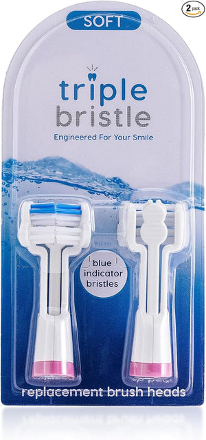 Triple Bristle Replacement Brush Head Refills | Innovative 3 Head Design | Compatible with Triple Bristle Brand Sonic Toothbrush | Color Changing Indicator Bristles | 2 Pack (Pink)