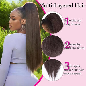 Drawstring Ponytail Extension for Women 30 Inch Long Yaki Straight Pony Tails Hair Hairpiece Clip in Extensions Natural Looking Soft Synthetic Drawstring Ponytail for Black Women Dark Brown