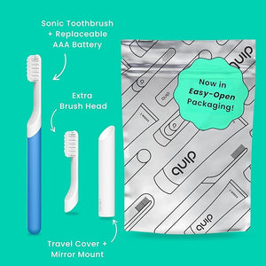 Quip Sonic Toothbrush for Adults with Timer - Includes Extra Brush Head and Travel Cover Mount - Electric Soft Bristle Refill Head Plastic Handle 3 Month Battery Life - Travel Toothbrush - Blue