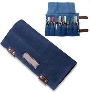 Salon Scissors Bag Roll Up 12 Pockets Genuine Leather Stylist Grooming Scissors Holder Barber Hair Scissor Shears Cases for Hairdressers (HJ-ZP011-Blue)