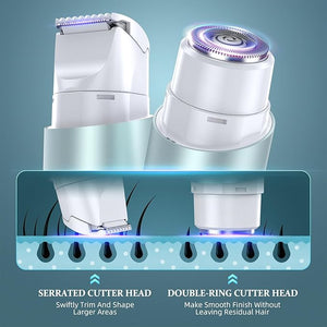 Bikini Trimmer for Women, Dual Head Face Shaver Body Hair Trimmmer, IPX7 Waterproof Womens Electric Razor for Legs, Lake Green