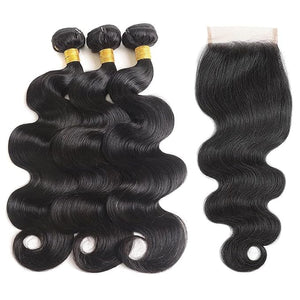 12A Human Hair Bundles with Closure 14 16 18+12 Inch Human Hair 100% Brazilian Virgin Body Wave 3 Bundles with 4x4 Lace Closure Natural Black
