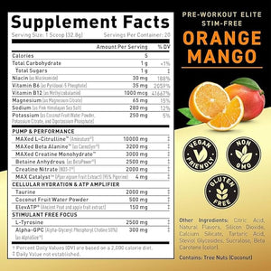 Kaged Pre Workout Elite Stim Free Powder | Orange Mango | Pre-Workout with Creatine Beta Alanine L-Citrulline BCAAs | Caffeine Free | Pre Supplements for Men &amp Women | 20 Servings