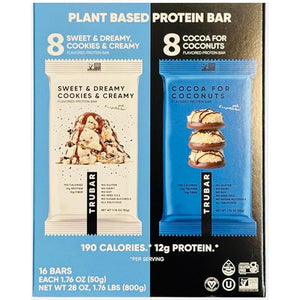 TRUBAR Plant Based Protein Bars Sweet &amp Dreamy Cookies &amp Creamy and Cocoa for Coconuts Variety Pack 12g Protein 16 Bars 1.76 oz Each.