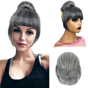 Grey Bun &amp Bangs 2PCS - Quick Hair Bun with Bang Clip in M Size Updo Twist Braided Chignon Scrunchie Hair Piece Extension for Black Women