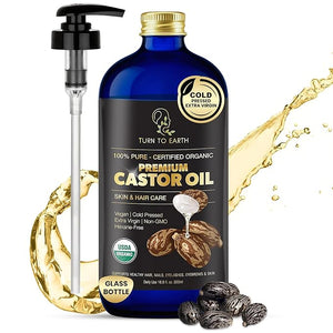 Organic Castor Oil Cold Pressed Glass Bottle USDA Certified Premium Organic Unrefined Hexane Free for Hair Growth Radiant Skin Eyebrows Lashes and Fuller Hair 16.9 oz w/ Pump (Made in USA)