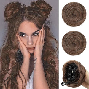 Hair Buns 2PCS Space Buns Mini Claw Clip in Hair Bun Extensions Messy Cat Ears Wig Accessory Synthetic Donut Updo Hairpieces for Girls Hairpieces For Women(Brown)