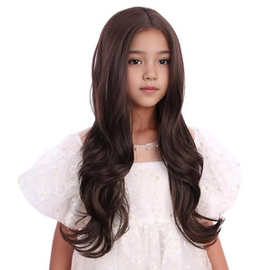 Kids Mixed Brown Wig Child Long Dark Brown Wavy Curly Wig Girls Chocolate Middle Part Wigs Heat Resistant Synthetic Wigs with Cap