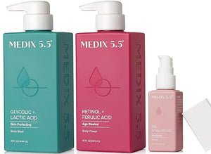 Medix 5.5 Anti Aging Skin Care 3PC Set | Retinol Body Cream + Exfoliating AHA Glycolic Acid Foaming Face Wash &amp Body Wash + Hyaluronic Acid Serum Booster Cleanse + Treat + Hydrate Skincare Set 3
