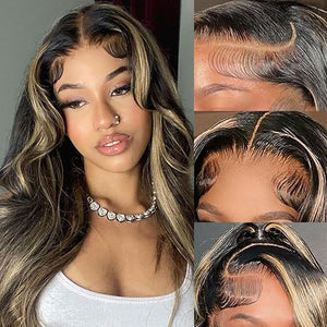Juvid 13x6 Balayage Body Wave Lace Front Wigs Glueless HD Transparent Lace Frontal Pre Plucked Baby Hair 200% Density Ombre Highlight Blonde FB/27 Human Hair Wigs for Black Women 22inch