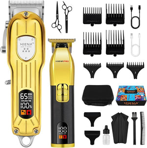HIENA PRO Hair Clippers Set for Men Professional Barber Kit for Hair Cutting Cordless Rechargeable Clippers and Trimmers Set Hair Cutting Kit with LED Display USB Gifts for Men (Gold Black)