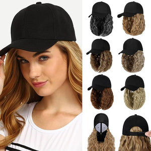 Baseball Hat WigHat with Hair attached 16'' Adjustable Black Cap with Wavy Curly Synthetic Bob Hair Extensions for Women Girls(Ash Blonde Mix Ginger Brown)