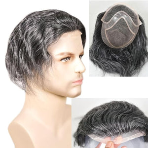 Men's Toupee 10¡¿8 European Virgin Human Hair Toupee Hair pieces for Men Thin Skin Hair Replacement System Lace Front+ Mono Net with PU around Base for Men (#1b mix 20% grey synthetic hair)