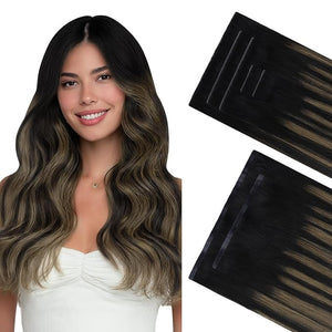 GOO GOO Invisi Edge Clip in Hair Extensions Set 14inch 110g 5pcs Injected Seamless PU Clip ins and 2pcs Classical PU Clip ins Virgin Real Human Hair #(T1B/6) P1B