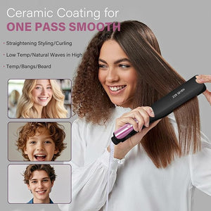 Hair Straightener 1.5¡± Flat Iron and Curler 2 in 1 Ceramic Coating Quick Heat Up 4 Temp. Options for All Hair Type Less Frizz Shinier and Smoother Dual Voltage for Travel Black